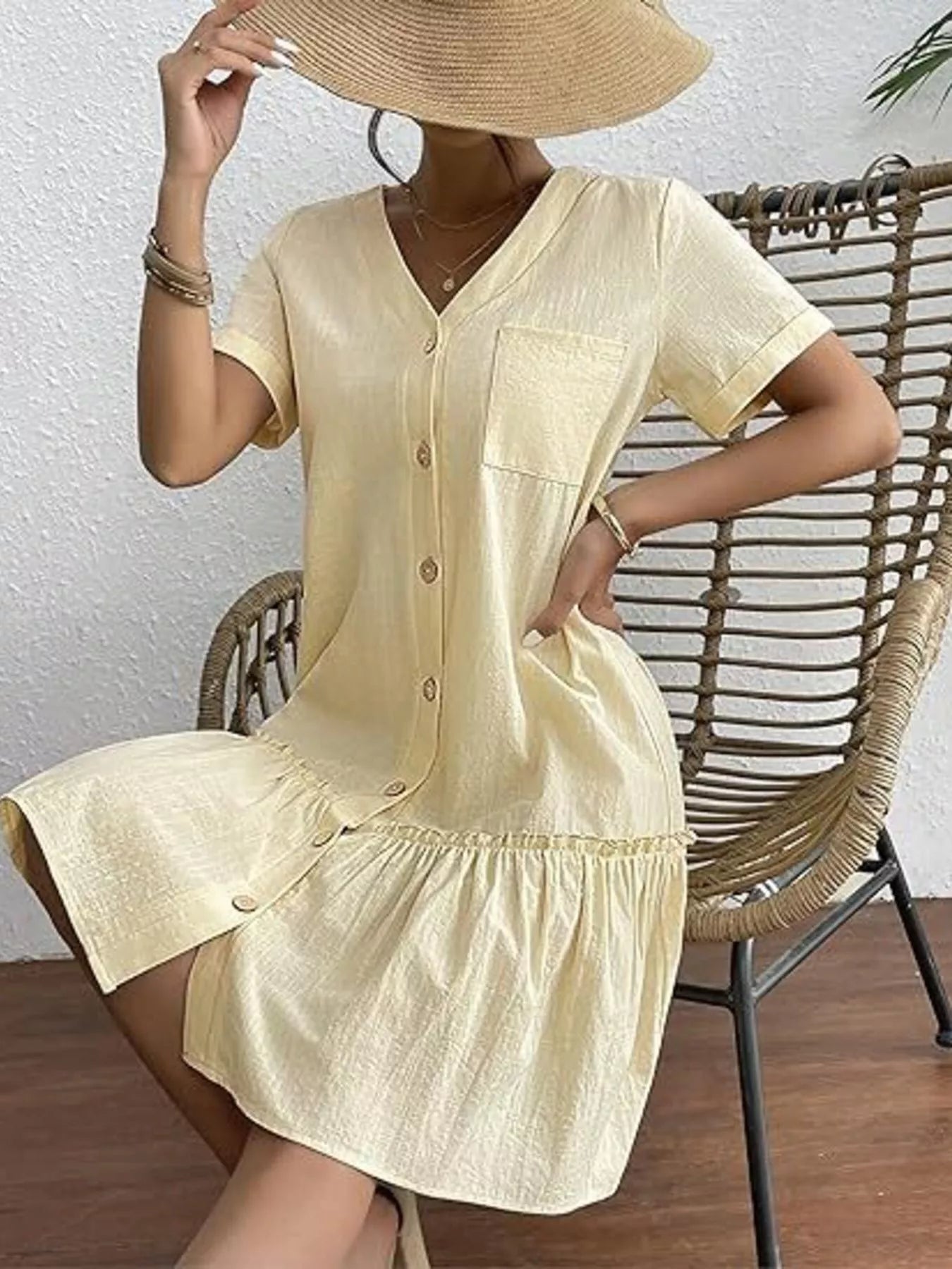 Full Size Button-Front Short Sleeve Tiered Dress Plus Size