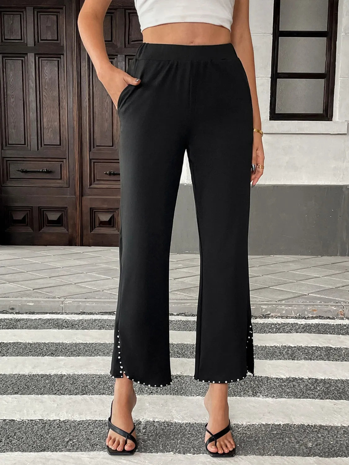 Pearl-Embellished Cropped Wide-Leg Pants Black