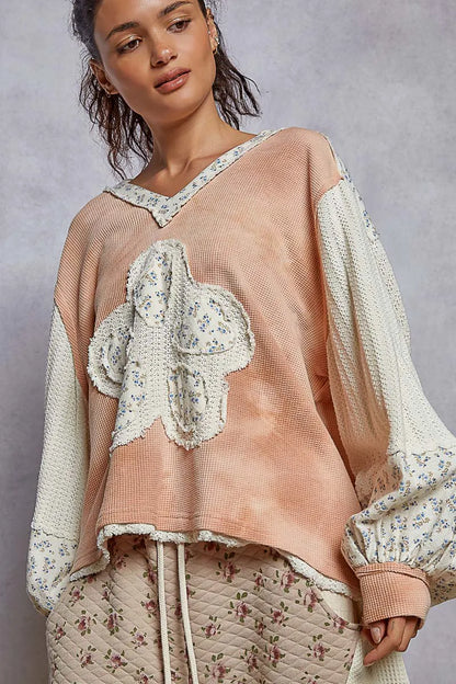 POL Raw Hem Washed Hoodie with Flower Patch