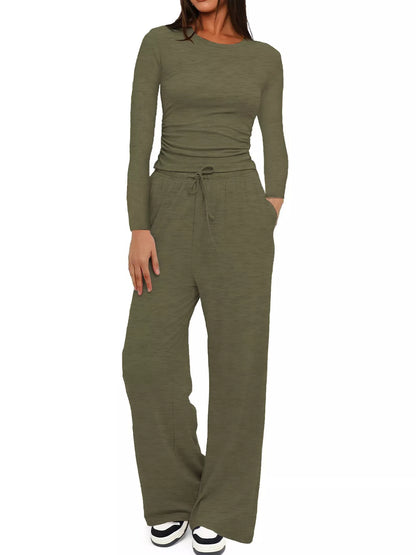 Full Size Casual Long Sleeve Top and Pants Set Plus Size Army Green