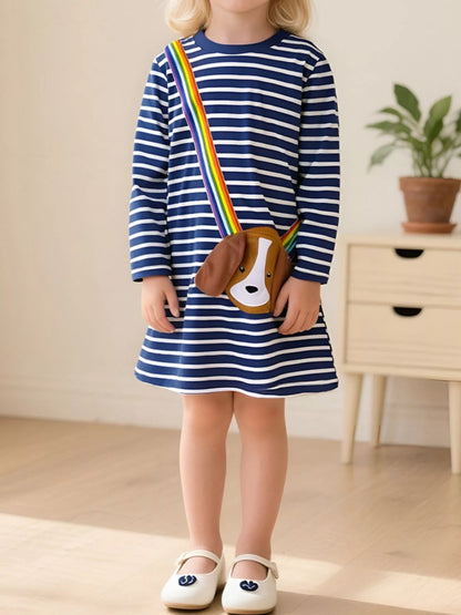 Children's Dog Striped Long Sleeve Dress Navy