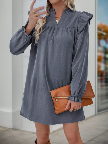 Ruffled Notched Long Sleeve Dress