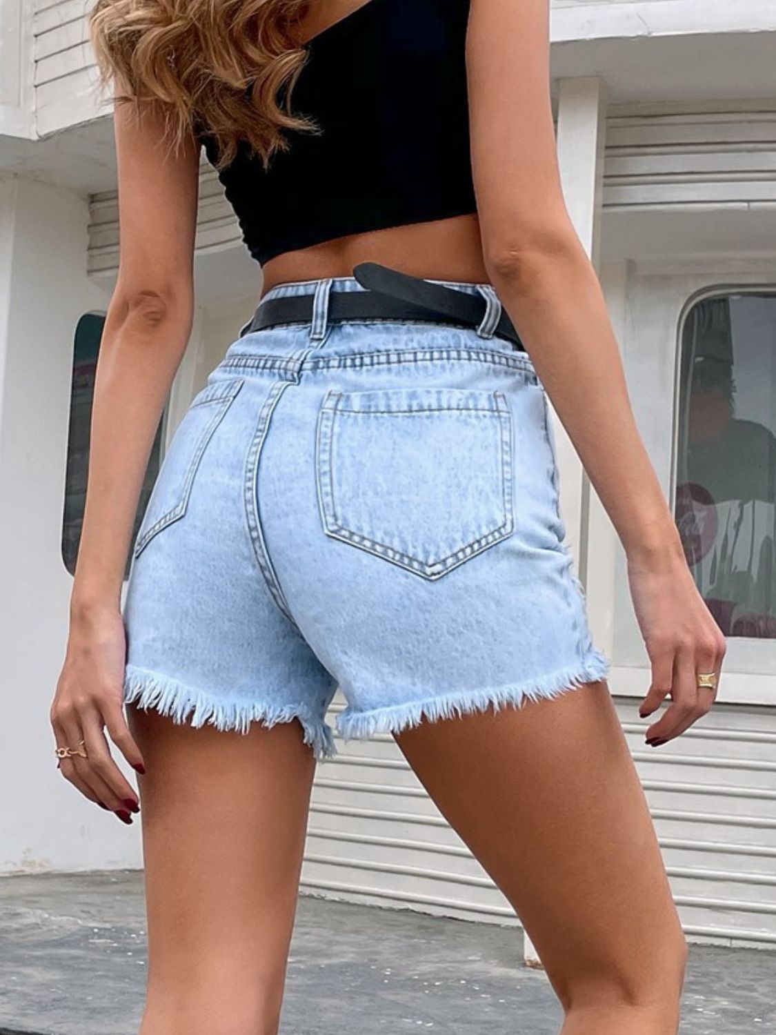 Distressed Raw Hem Denim Shorts