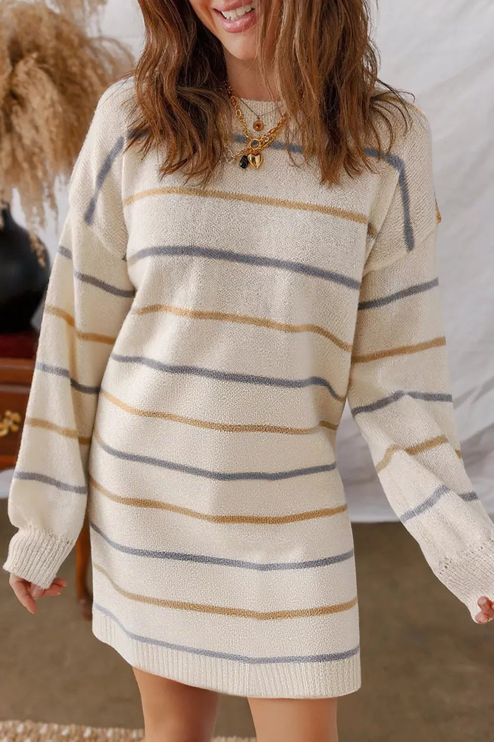 Striped Dropped Shoulder Oversized Sweater Dress Beige