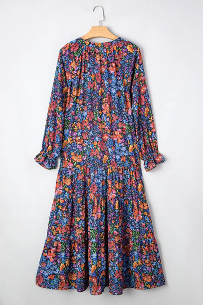 Floral Notched Flounce Sleeve Maxi Dress