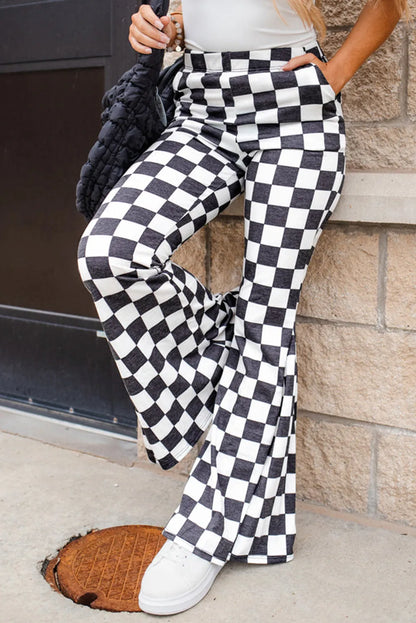Checkered Flare Pants with Pockets Black