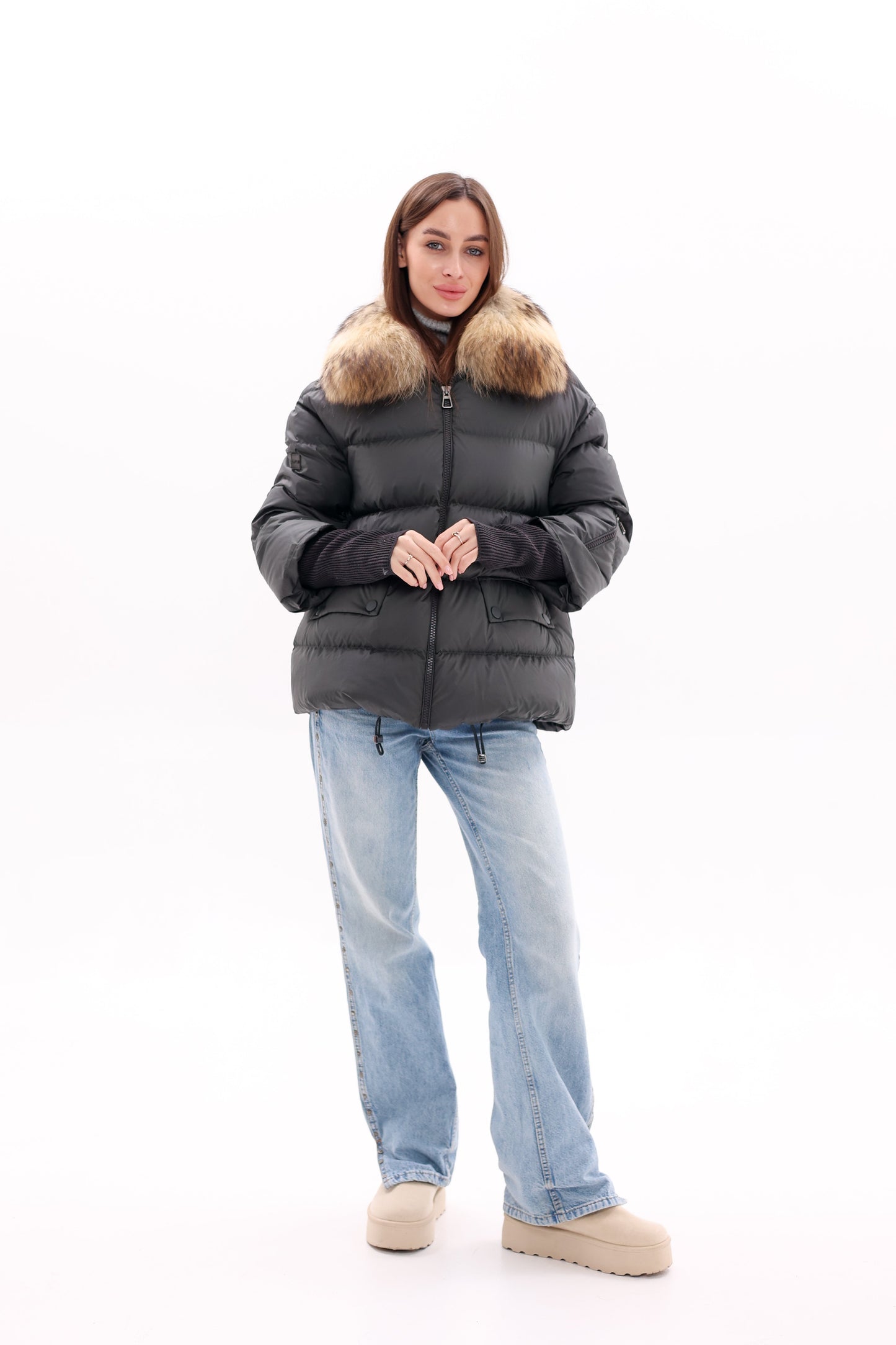 Genuine Fur Trim Down Fill Coat in Black