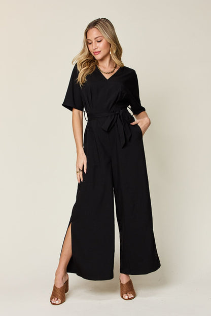 Slit Tie-Front V-Neck Jumpsuit with Short Sleeves Black