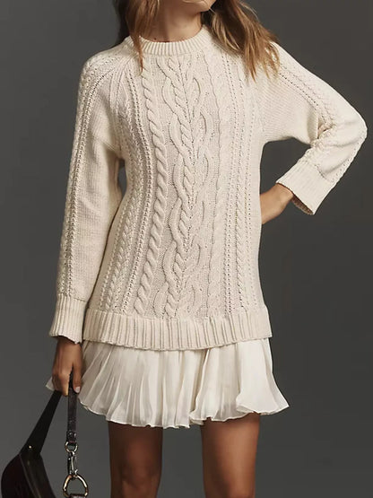 Full Size Cable Knit Pleated Hem Sweater Dress Plus Size Apricot