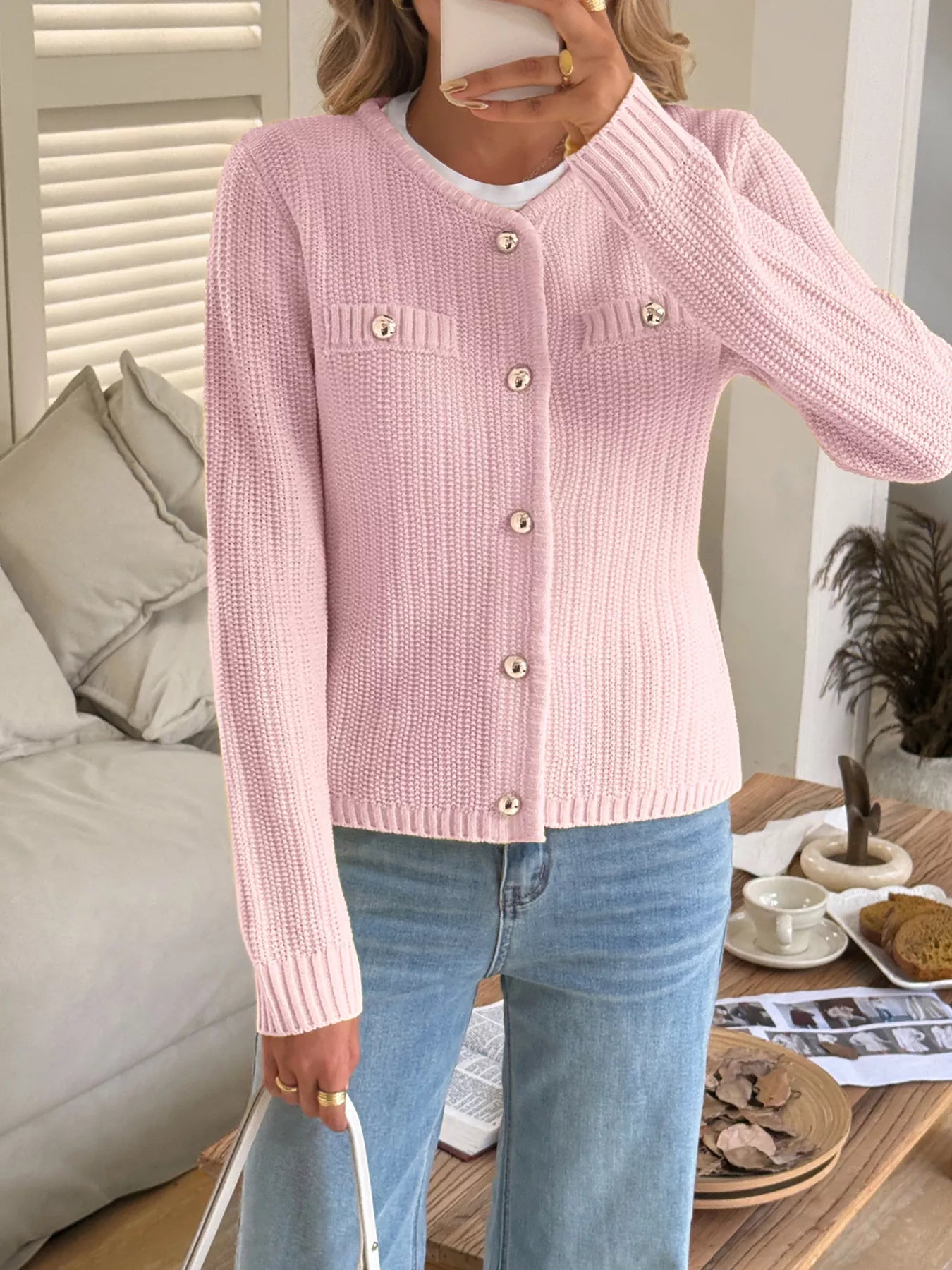 Button-Front Ribbed Long Sleeve Cardigan