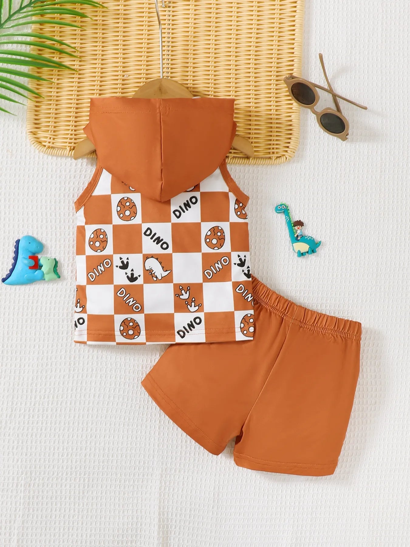 Children's Dinosaur Checkered Sleeveless Hooded Top and Shorts Set
