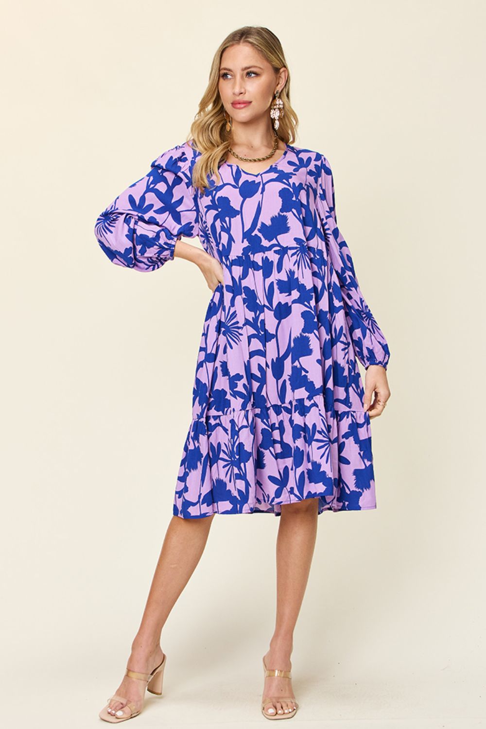 Printed Ruffle Hem Long Sleeve Rayon Dress