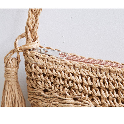 Crossbody Bag Women Handmade Straw Bag Shoulder Tassel Crochet Woven Bag Vacation Beach Bag