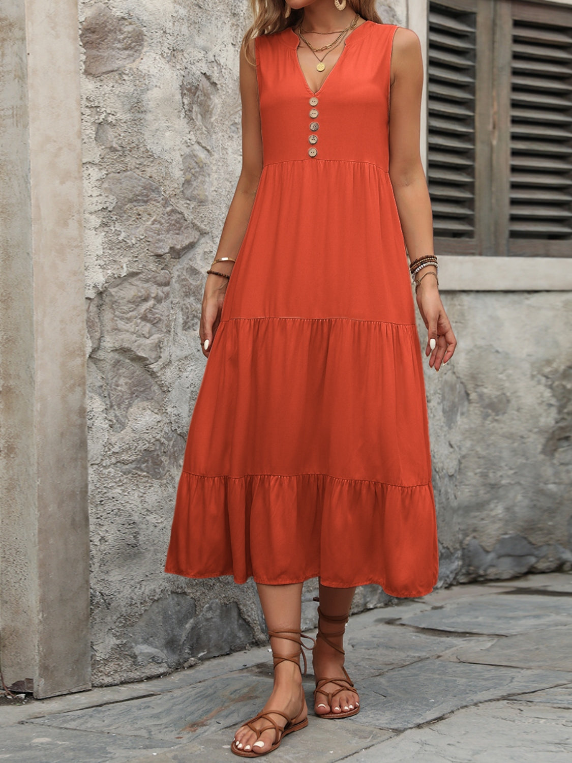 Cotton Sleeveless Dress with Decorative Buttons