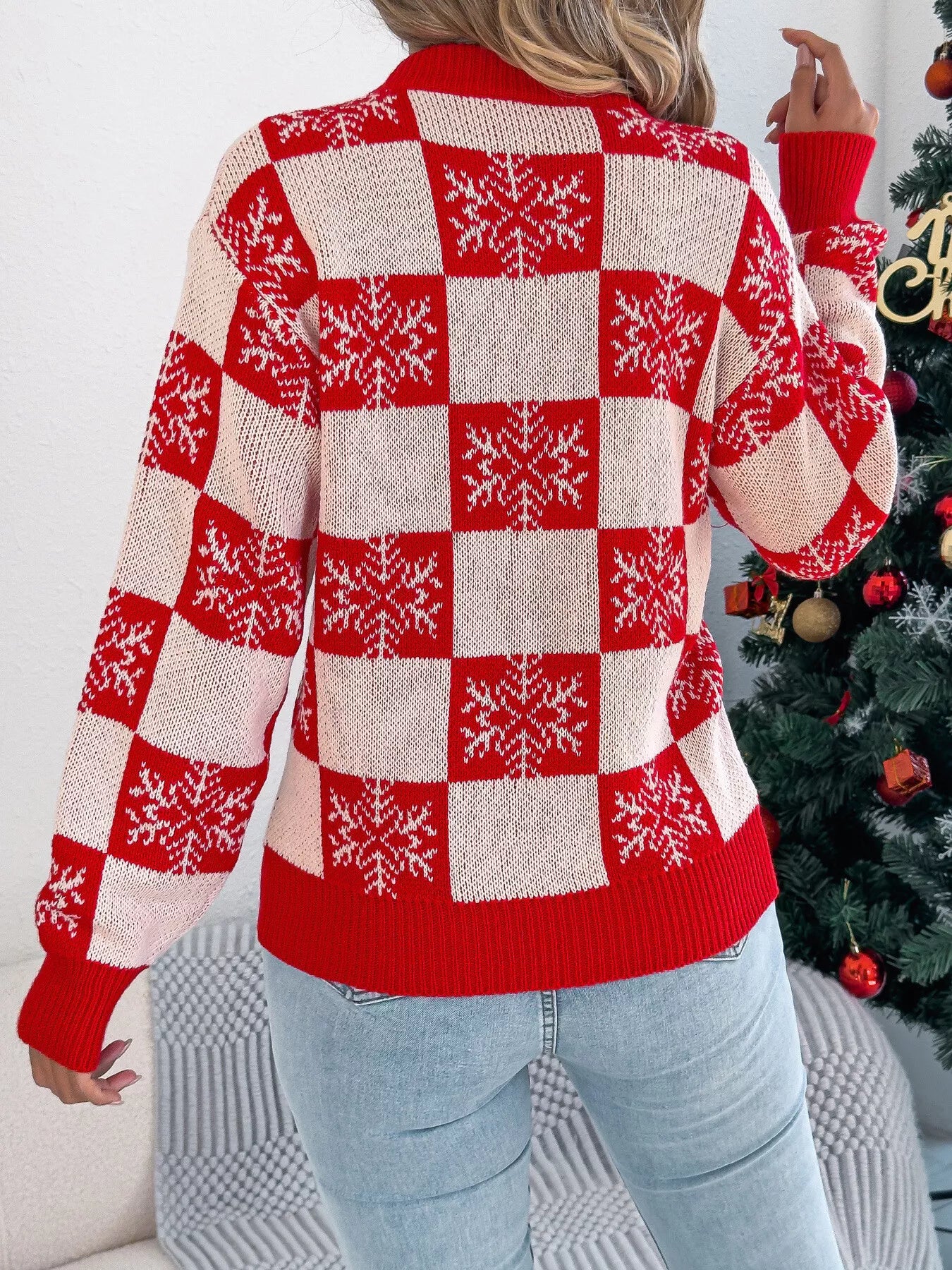 Christmas Snowflake Checkered Round Neck Sweater