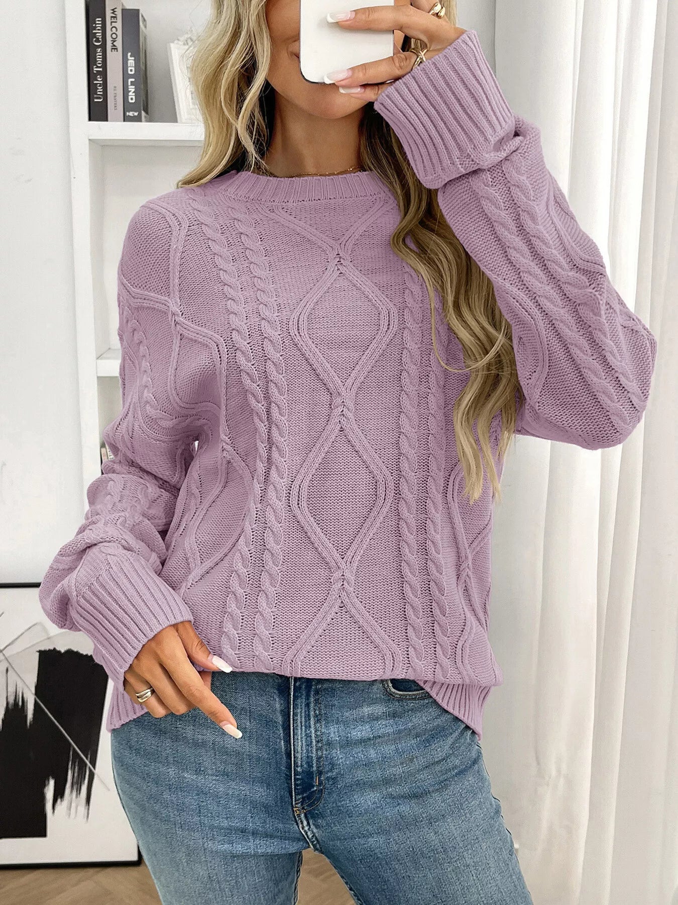 Cable Knit Round Neck Long Sleeve Sweater
