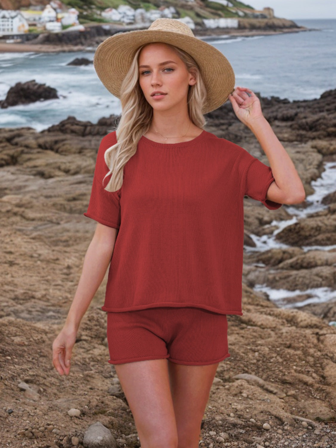 Round Neck Short Sleeve Top and Shorts Sweater Set