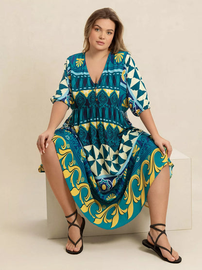 Plus Size Printed V-Neck Half Sleeve Midi Dress