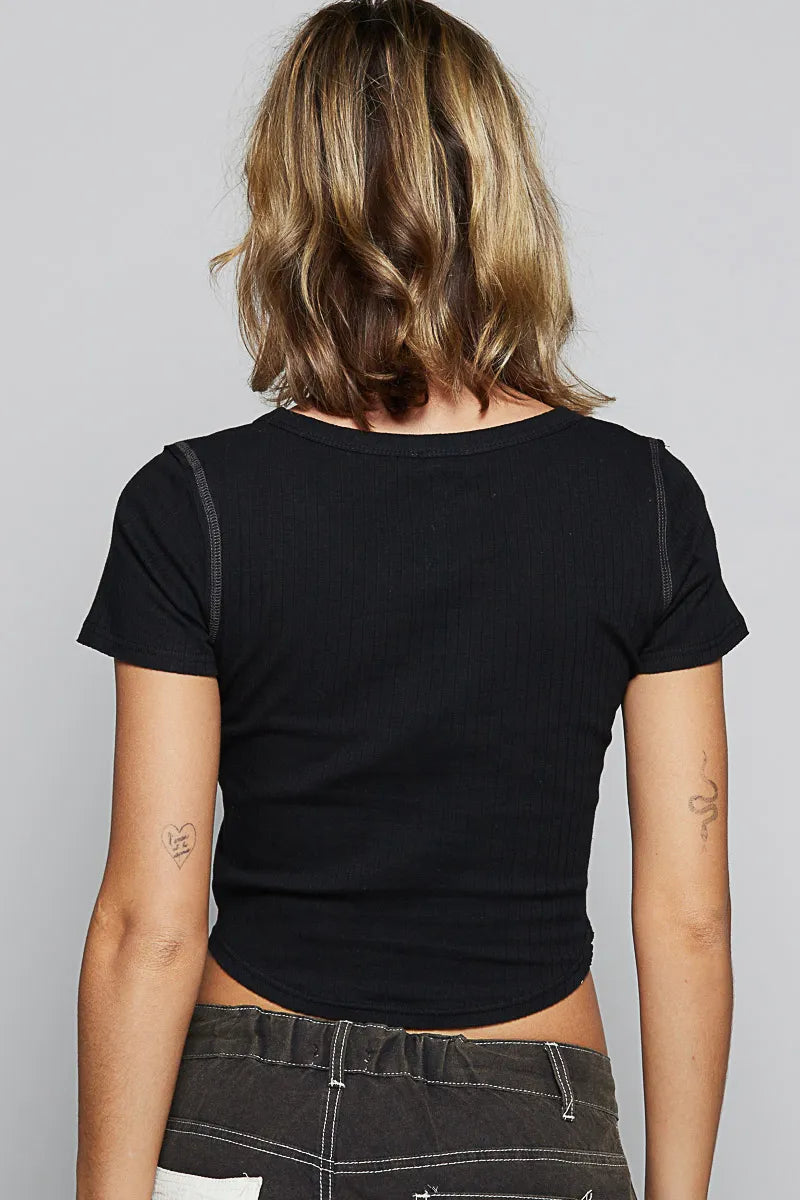 POL Contrast Stitching Round Neck Crop T-Shirt