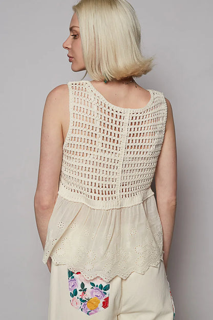 POL Embroidered Detail V-Neck Eyelet Peplum Tank