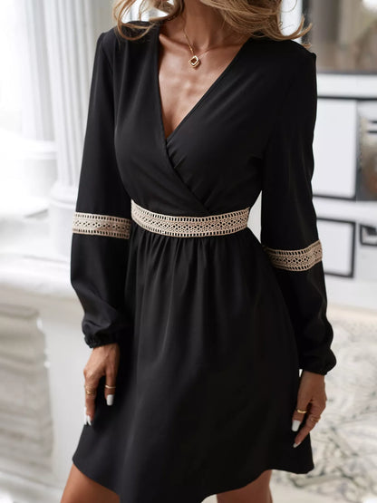 Surplice Balloon Sleeve Dress Black