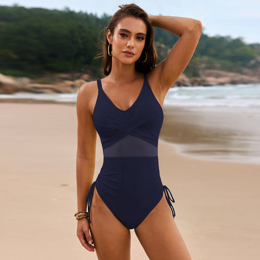 Drawstring Ruched V-Neck One-Piece Swimwear Dark Navy