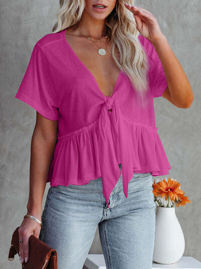 Tied Plunge Short Sleeve Blouse Hot Pink