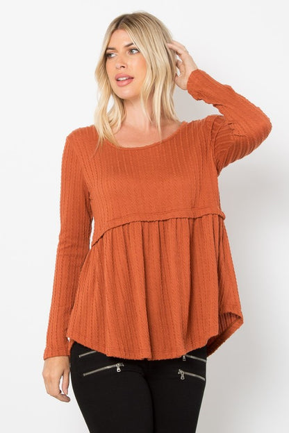 Be Stage Full Size Texture Babydoll Round Neck Long Sleeve Knit Top Rust