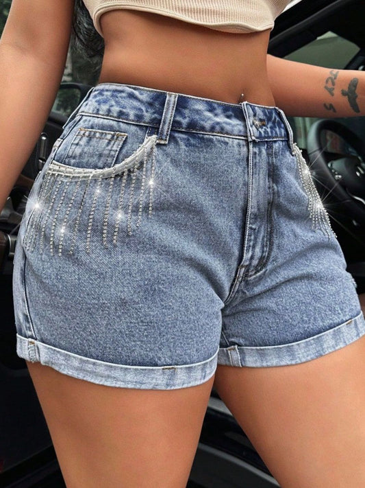 Rhinestone Fringe Denim Shorts Light