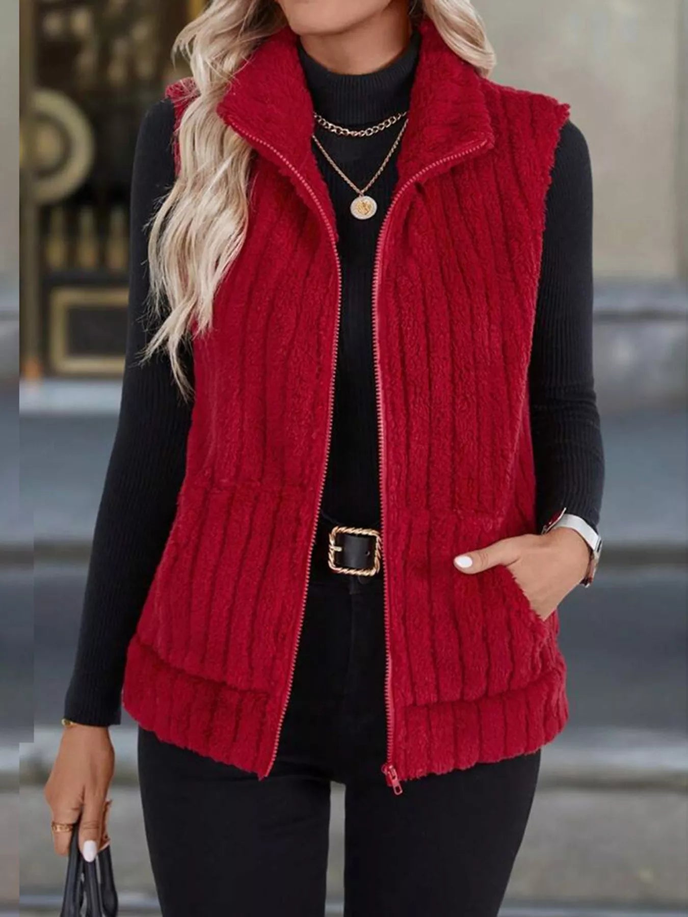 Full Size Fleece Zip-Up Vest Coat Plus Size Red