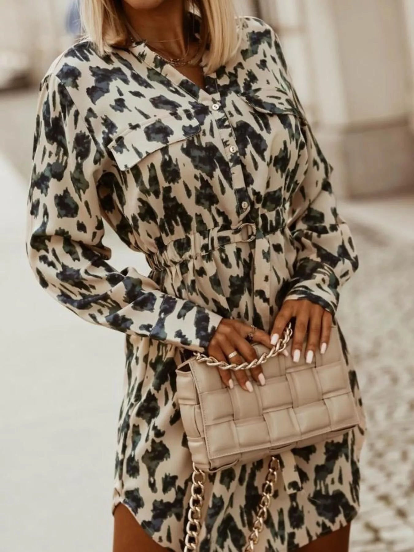 Printed Button Front Long Sleeve Dress