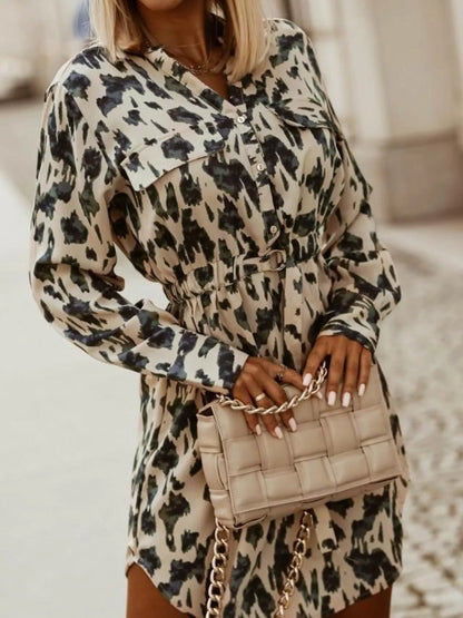 Printed Button Front Long Sleeve Dress