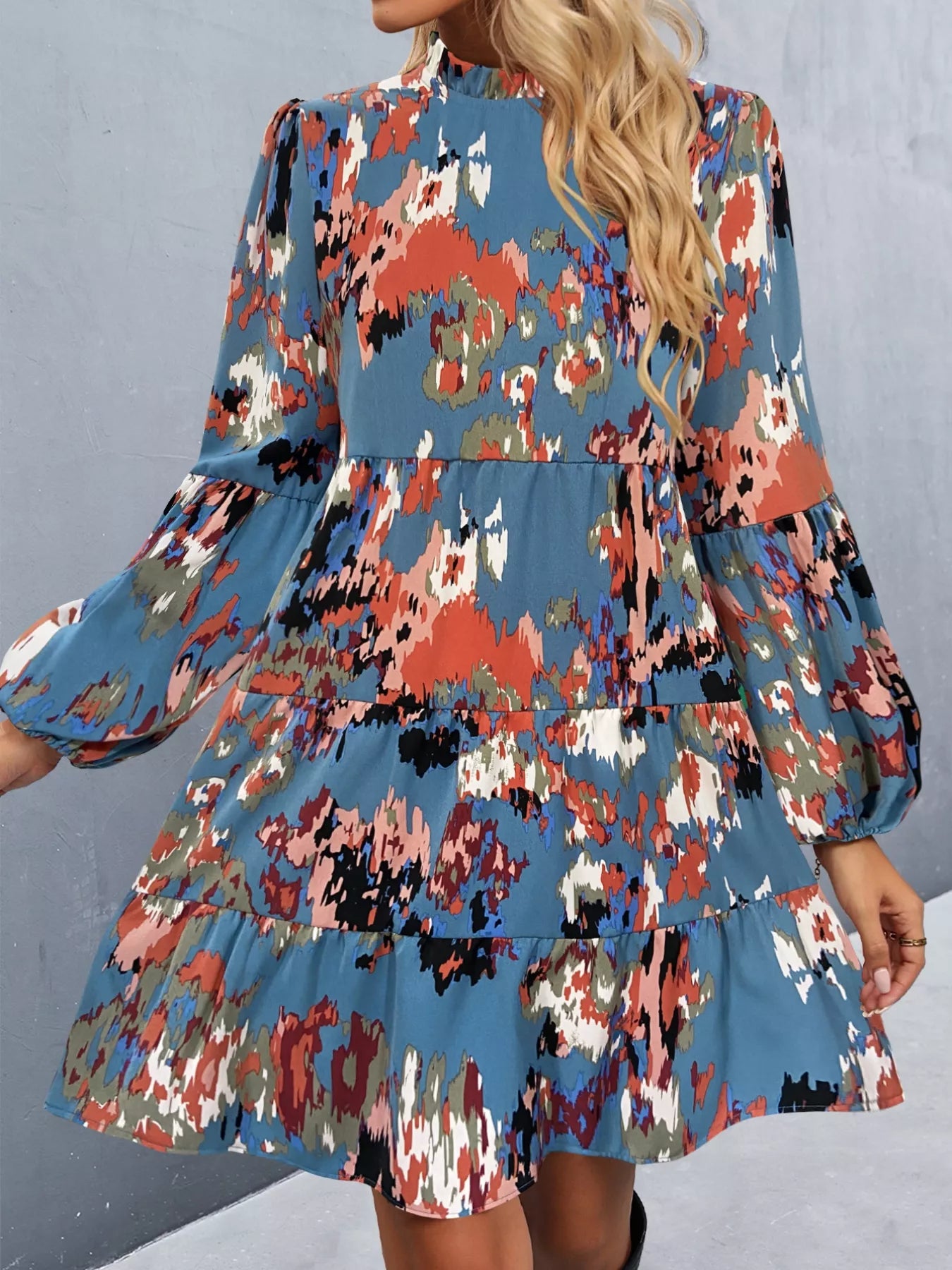 Printed Balloon Sleeve Mini Dress