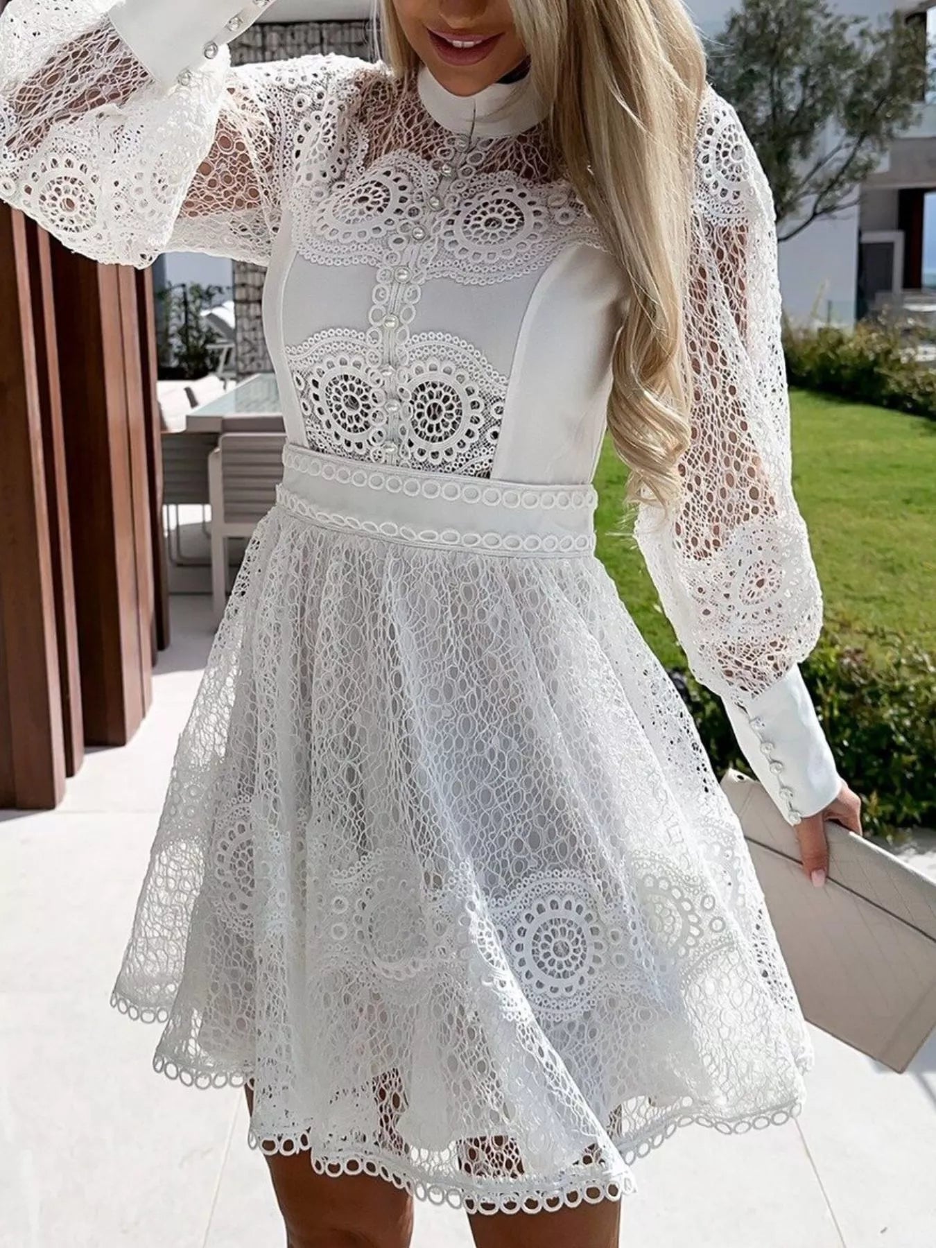 Lace Lantern Sleeve Mini Dress