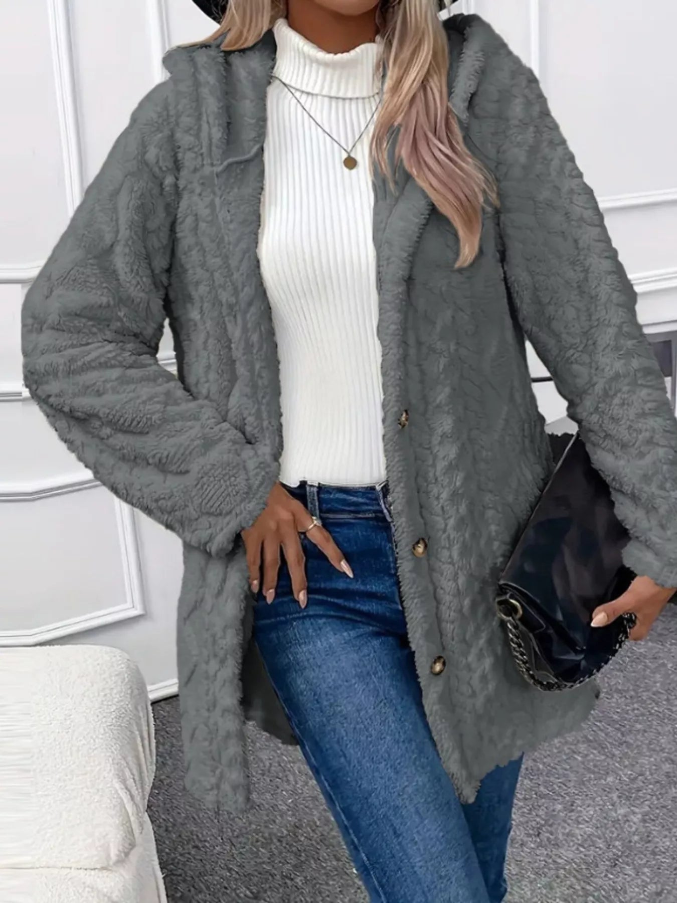 Full Size Button-Down Hooded Outerwear Plus Size Gray