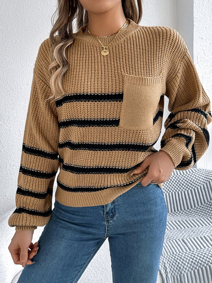 Striped Round Neck Long Sleeve Sweater Caramel