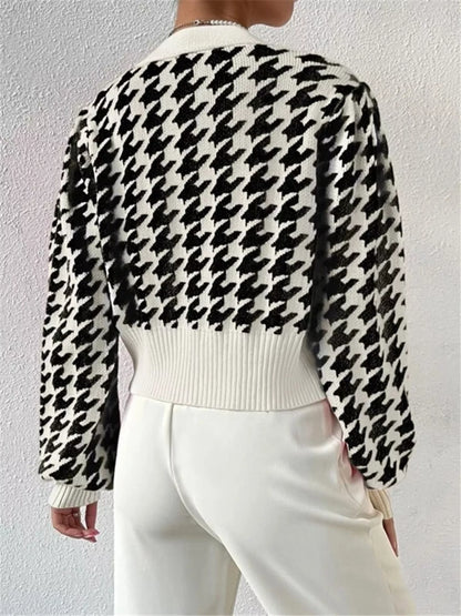 Houndstooth V-Neck Button Up Cardigan