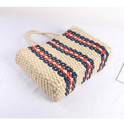 Straw Bag Women Striped One Shoulder Portable Large Capacity Woven Square Bag Travel Vacation Beach Bag One Size Ivory