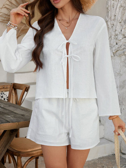 Devine Double Tied V-Neck Top and Shorts Set White