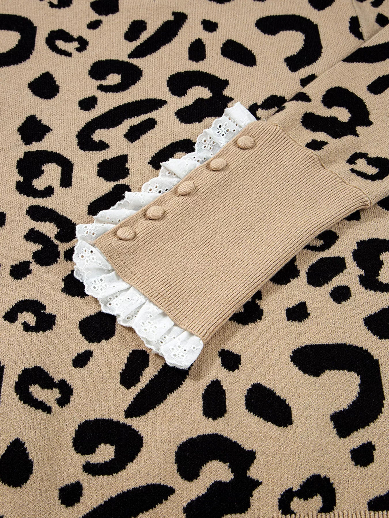 Leopard Pattern Lace Ribbed Detail Button Cuffed Sweater