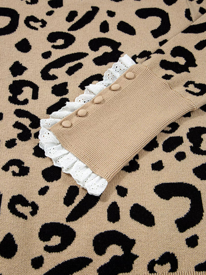 Leopard Pattern Lace Ribbed Detail Button Cuffed Sweater