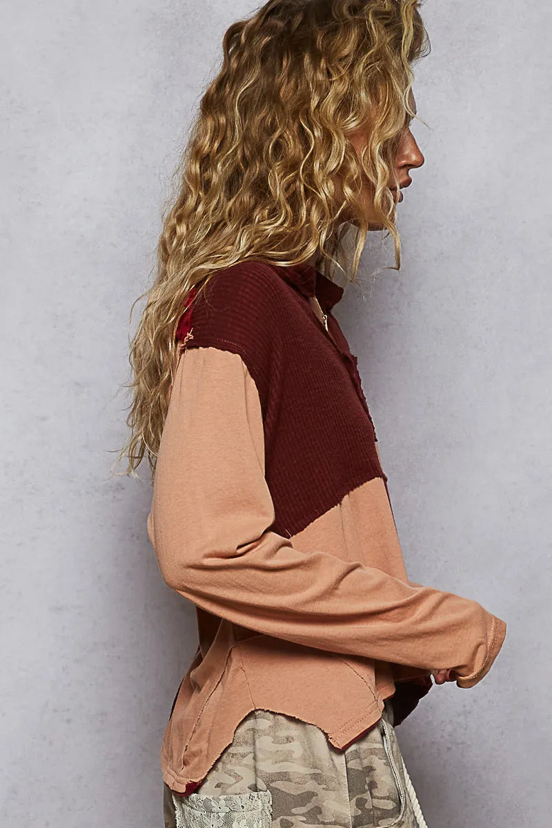 POL Color Block Notched Long Sleeve T-Shirt