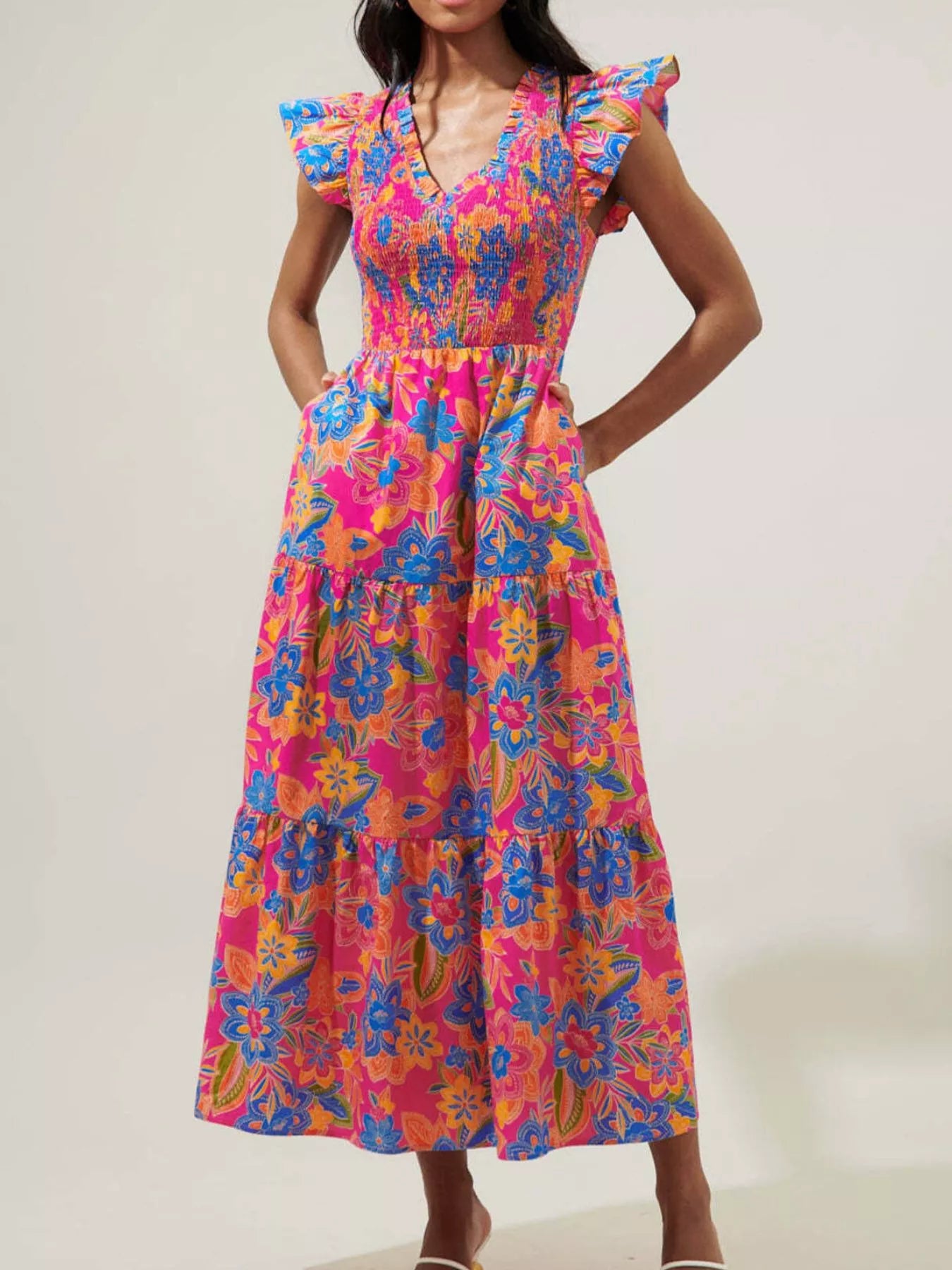 Ruffled V-Neck Tiered Midi Dress Deep Rose