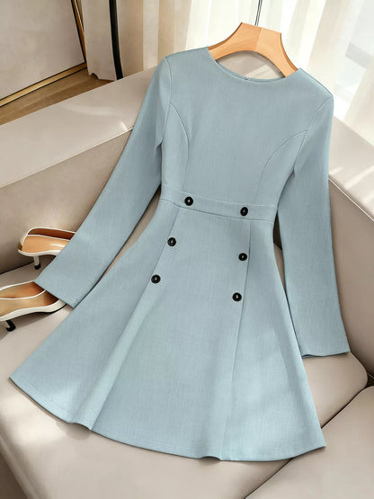 A-Line Decor Button Long Sleeve Dress Air Force Blue