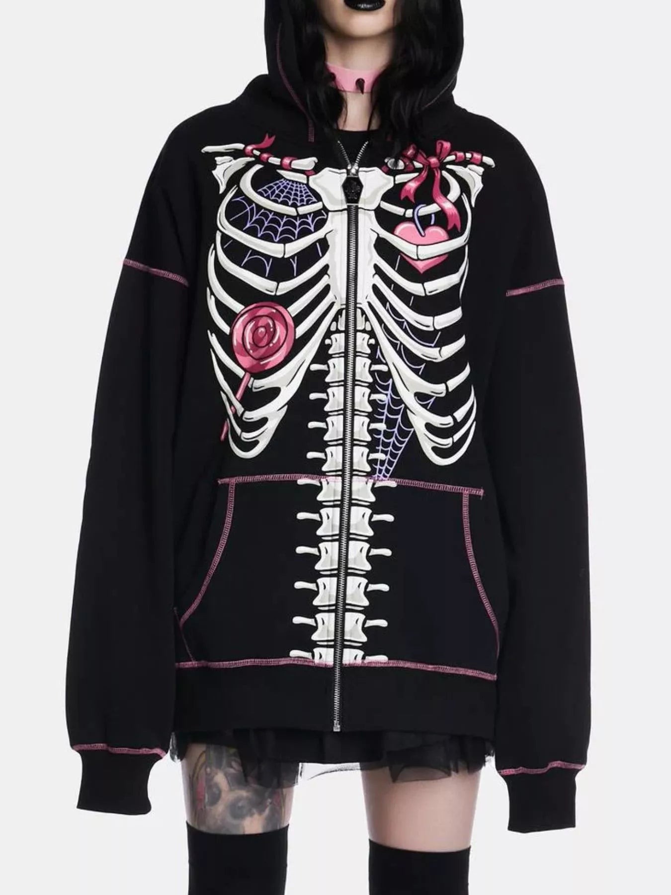 Halloween Zip-Up Drawstring Hoodie Blush Pink