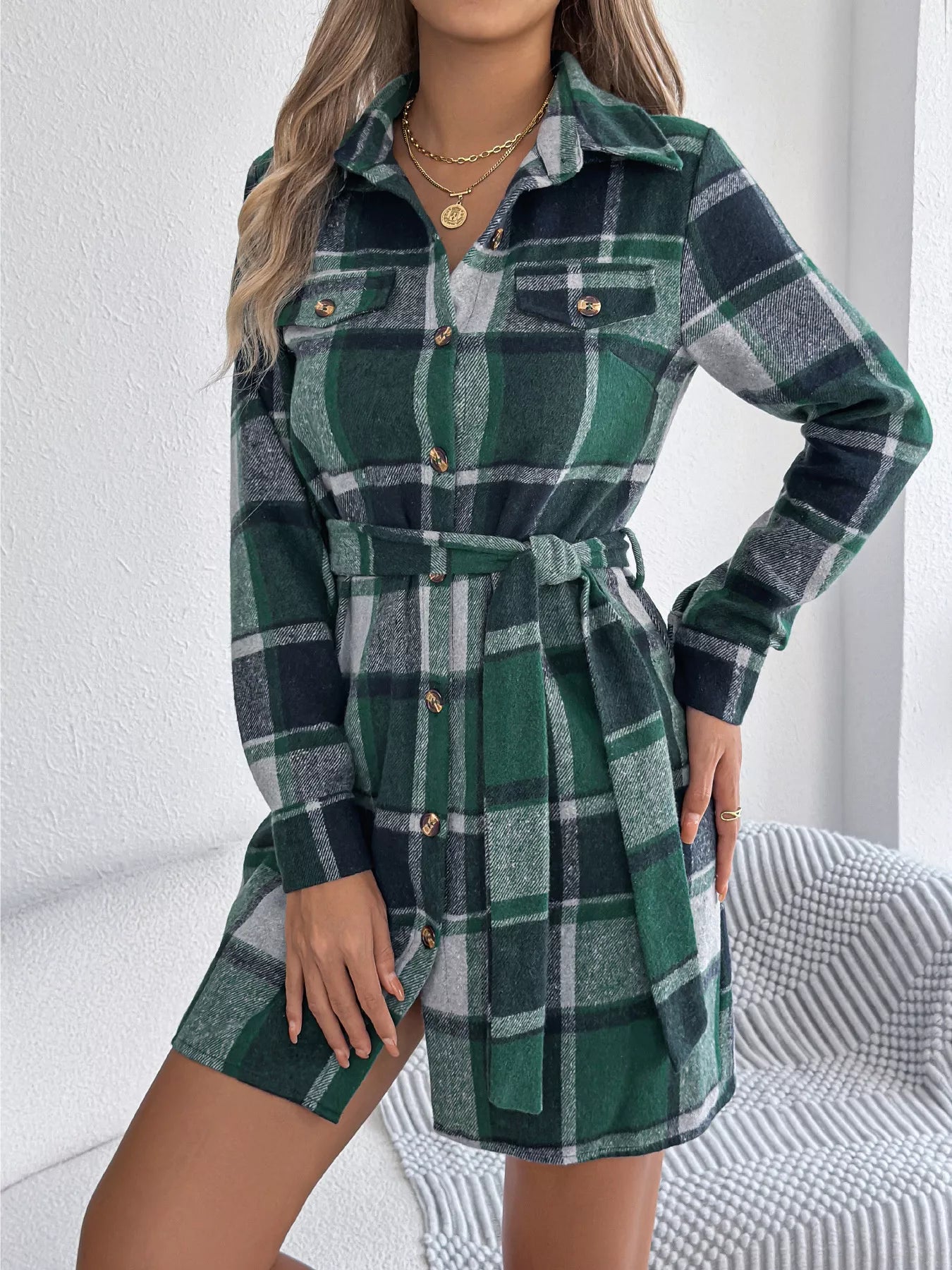 Plaid Button Front Tie Waist Shirt Dress Green