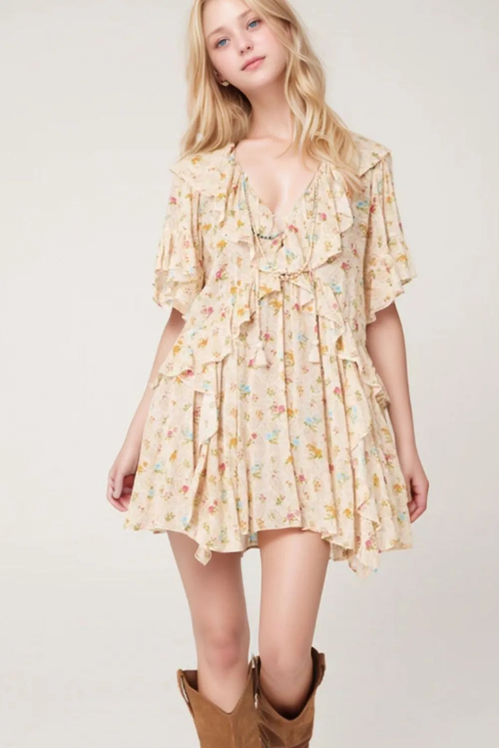 Boho Floral Tassel Tie V Neck Ruffle Wide Sleeve Mini Dress Cream