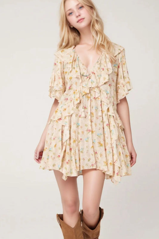 Boho Floral Tassel Tie V Neck Ruffle Wide Sleeve Mini Dress Cream