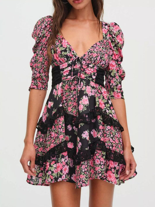 Ruffled Floral Print Half Sleeve Dress Black