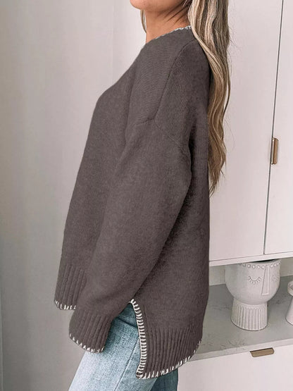Slit Contrast Trim Round Neck Sweater